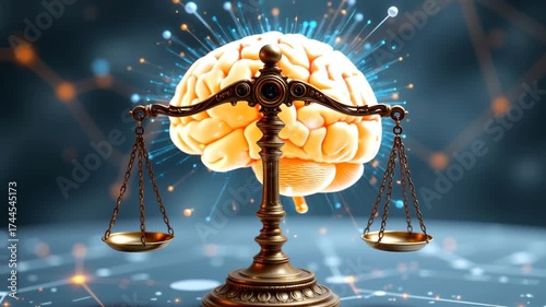 Cognitive Equilibrium: A visual metaphor, a brain rests on scales, symbolizing the delicate balance of thought and judgment, with a neural network background. 