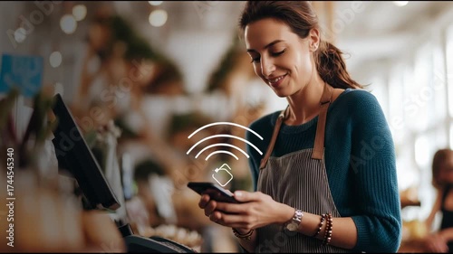 Woman paying with smartphone in store, floating contactless payment icon overlay