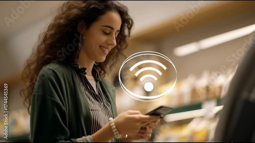 Woman paying with smartphone in store, floating contactless payment icon overlay