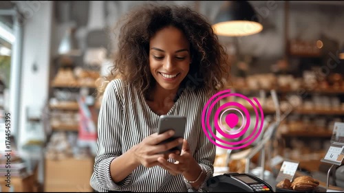 Woman paying with smartphone in store, floating contactless payment icon overlay