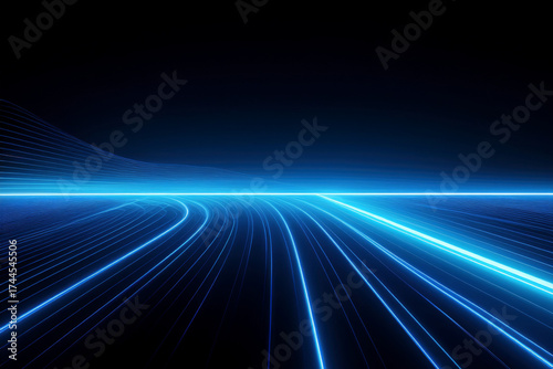 Abstract futuristic technology background with glowing blue neon lines, speed of light motion, and digital data stream concept