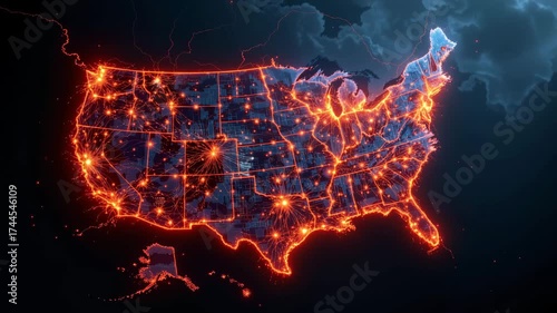 Illuminated US Map: A captivating, luminous depiction of the United States, showcasing vibrant city lights against a mesmerizing backdrop, symbolizing interconnectedness and development.