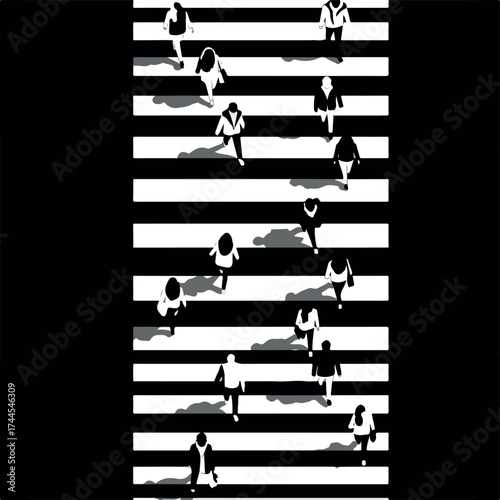 High angle aerial view of anonymous people walking on a crosswalk.