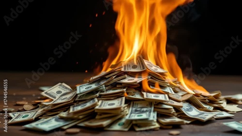 Burning Money: A symbolic image of US dollar bills ablaze, representing financial loss, waste, or destruction. The flames dance atop a mound of currency.