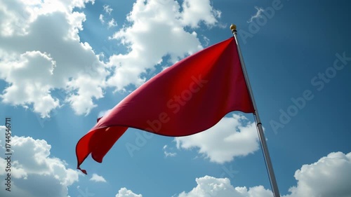 Red Flag in the Sky: A vibrant red flag billows proudly against a clear, partly cloudy sky, its bold color contrasting beautifully with the fluffy white clouds above. It represents warnings.