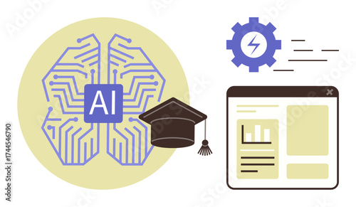 Brain-thumbs up neural network with AI text in center, graduation cap, settings gear, and data dashboard interface. Ideal for education, AI, technology, innovation, research e-learning automation