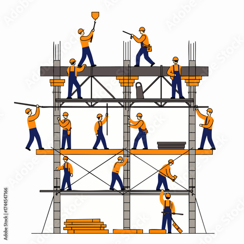 Construction workers diligently collaborate on a building project, utilizing scaffolding and tools to erect a structure.