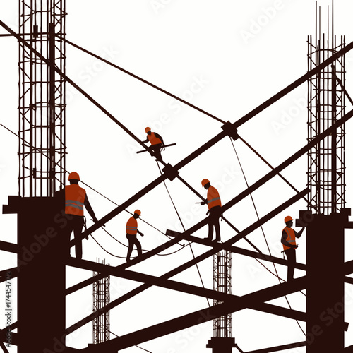 Construction workers in safety vests are seen working on a building frame, silhouetted against a white backdrop, creating a sense of teamwork.