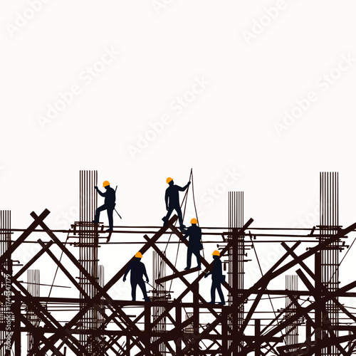 Silhouette of construction workers diligently working on a building frame, showcasing teamwork and structural development against a white background.
