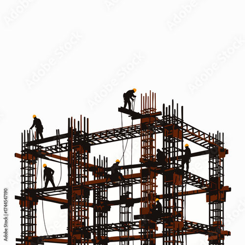 Construction workers diligently work on the framework of a building, showcasing teamwork and architectural design against a clean white background.