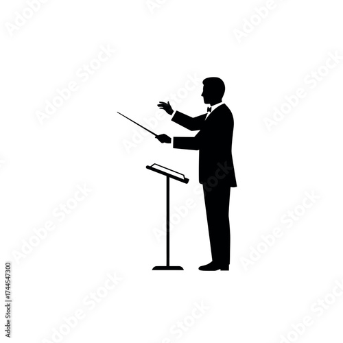 Silhouette of a Conductor Leading an Orchestra.