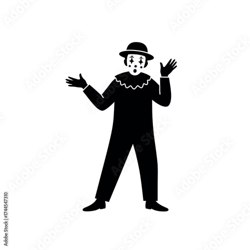 Silhouette of a mime performer in a hat and makeup.