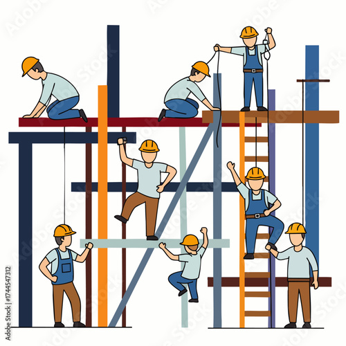 Illustration of construction workers in various poses, wearing hard hats and working on a building site with scaffolding and ladders.