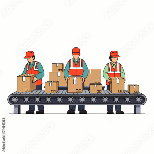 Workers in a factory setting efficiently manage and organize cardboard boxes on a conveyor belt, ensuring smooth production processes.