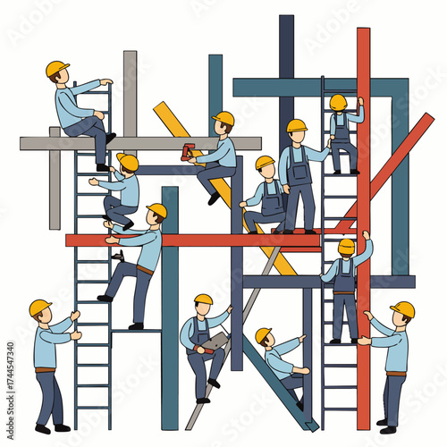Construction workers meticulously collaborate, building a complex structure with ladders, beams, and tools in a vibrant, illustrated scene.