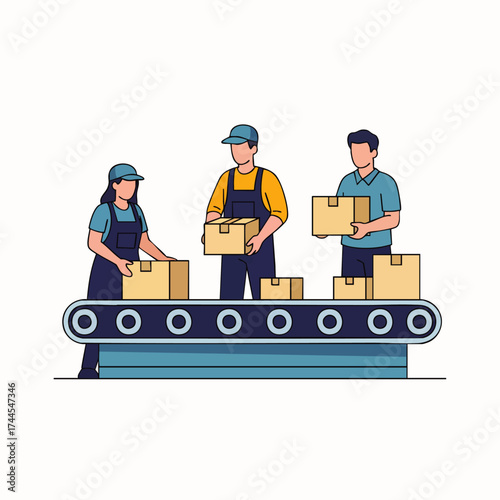 A team of factory workers efficiently manages the packaging and distribution process of goods along a conveyor belt in a warehouse setting.