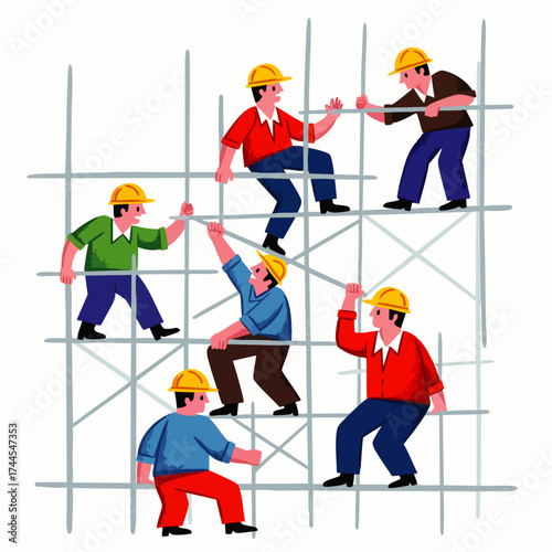 Construction workers wearing yellow hard hats collaborate on a metal scaffolding structure, symbolizing teamwork and building.