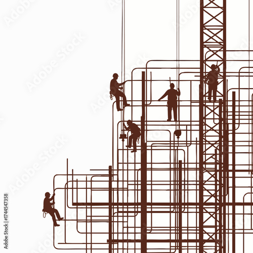 Silhouette of construction workers on a complex network of pipes and scaffolding, illustrating teamwork and engineering concepts against a white background.