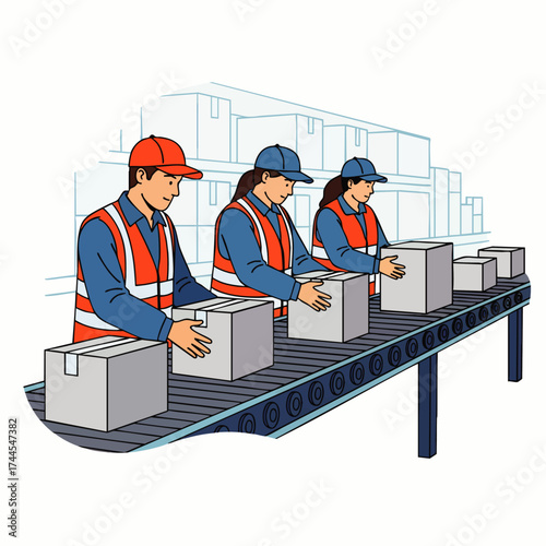 Warehouse workers efficiently inspect and pack boxes on a conveyor belt, ensuring accurate order fulfillment and logistics in a modern distribution center.