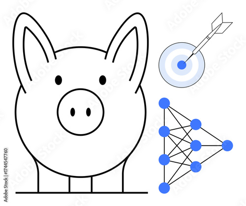 Piggy bank alongside a dart hitting a target and neural network diagram. Ideal for finance, savings, goal setting, technology, AI, data integration, financial strategies. Minimal flat metaphor