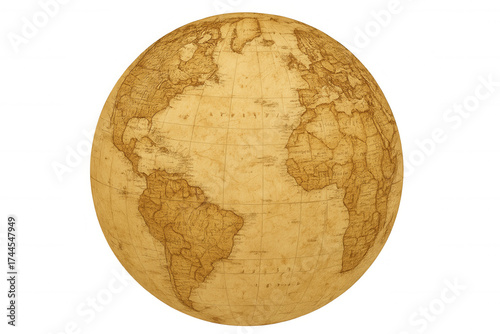 Fototapeta Naklejka Na Ścianę i Meble -  Vintage world globe showing continents, displaying old map texture with ancient cartography details on transparent background