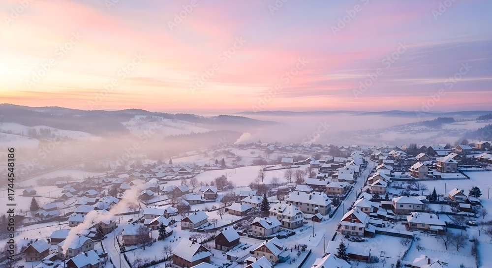 Fototapeta premium Aerial View of a Snowy Village at Sunrise with Pink Hues and Fog