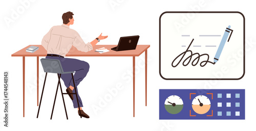 Man sits at desk with laptop, analyzing data and digital document signing tools. Ideal for productivity, technology, office work, remote tasks, analytics, document management, business concepts