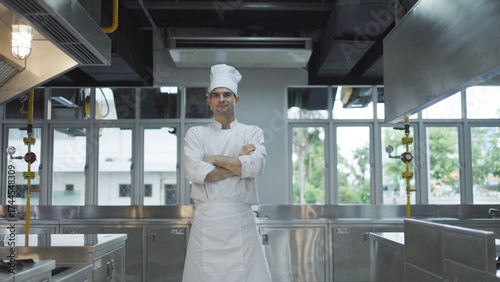 Portrait male chef standing with his arms crossed in the kitchen