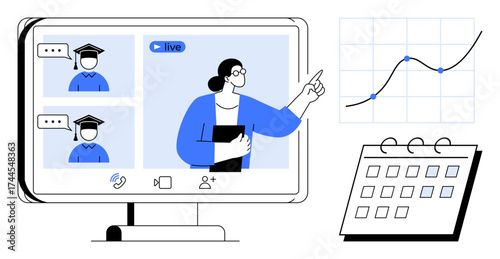 Teacher interacting with students during online class on computer, data chart trends, calendar planning. Ideal for e-learning, education, webinars, scheduling, online meetings, remote learning