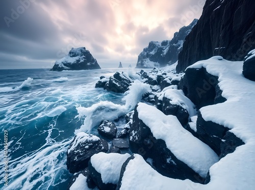 Icy Ocean Waves Crashing on Snowy Coast