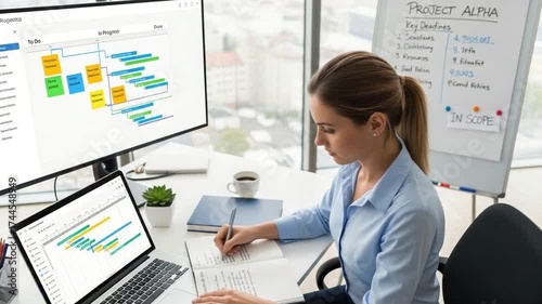 Woman Planning Project Deadlines at Desk With Computer Screens