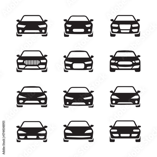 collection of vehicle front silhouettes car grille headlight logo style icons vector