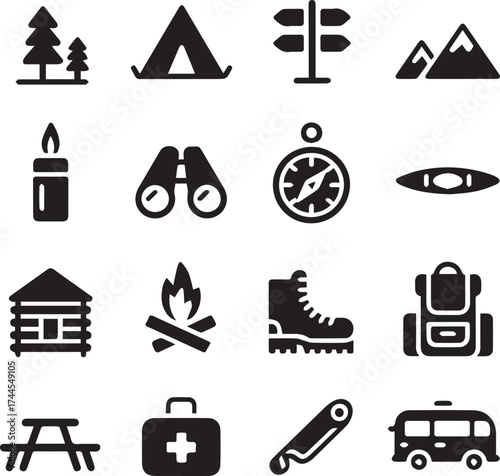 camping and hiking icon set vector collection of outdoor gear symbols for travel adventure and wilderness navigation