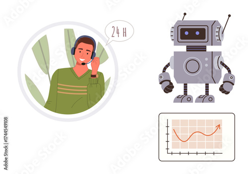 Man with headset speaking, robot assistant depicted beside chart showing upward trend. Ideal for technology, AI, automation, teamwork, customer service, data analysis, future solutions as simple flat