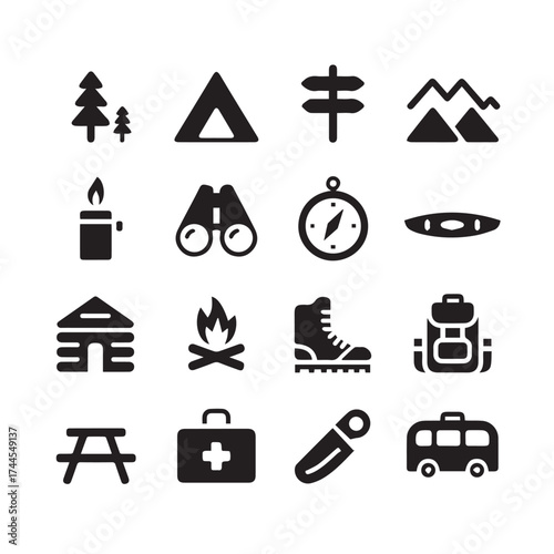 minimalist black camping icons for hiking adventure travel navigation safety and outdoor recreation vector illustrations