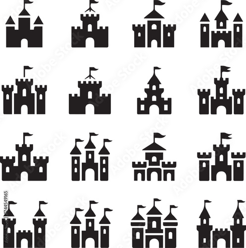 set of 16 castle silhouette icons medieval fortress towers flags vector ai eps png jpeg