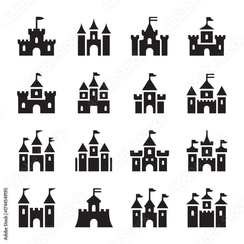 minimal medieval castle icons set 4x4 black silhouettes vector eps ai jpeg for ui and branding