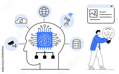 Human holding glowing idea bulb near AI head with chip and icons of technology elements thumbs up cloud, robot, and server. Ideal for AI, innovation, technology, connectivity, creativity, automation