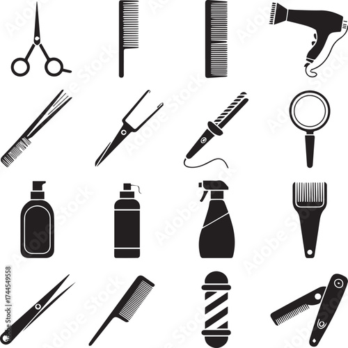 barber and stylist tools icons scissors comb hairdryer clipper razor vector set