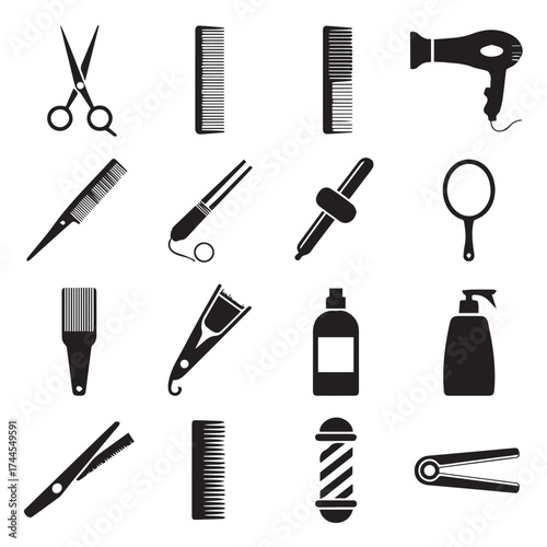 minimalist hairdresser icons grid scissors comb straightener curlingiron barberpole vector