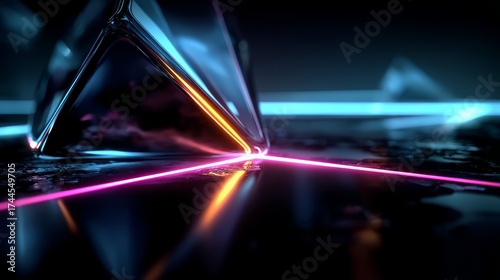 Neon light is reflected on a dark surface. The light is in the shape of a triangle
