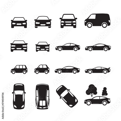 minimalist car silhouettes front side top view vector symbols for maps presentations signage and automotive apps