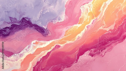 Painting of a pink and orange swirl with purple and white accents. The painting has a dreamy, ethereal quality to it