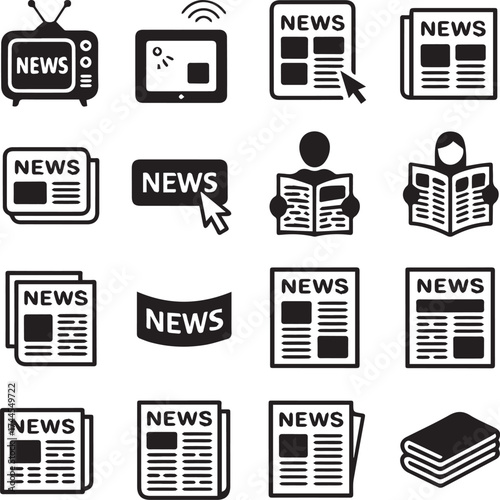 news consumption icon pack monochrome vector illustrations newspaper television online journalism set