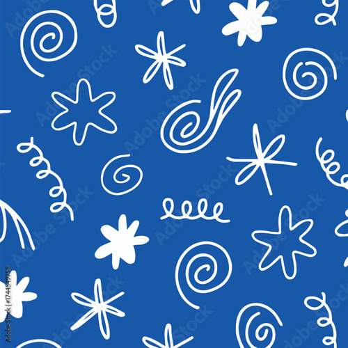 playful seamless doodle pattern with white handdrawn swirls stars and floral motifs on vibrant blue background for textiles