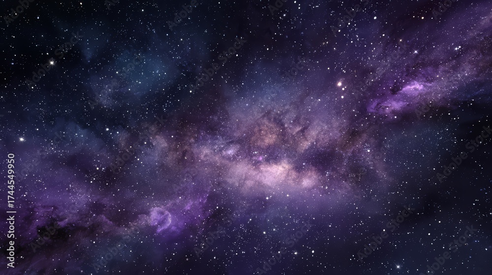 Fototapeta premium Starry night sky with a purple hue. The stars are scattered throughout the sky, creating a sense of depth and vastness