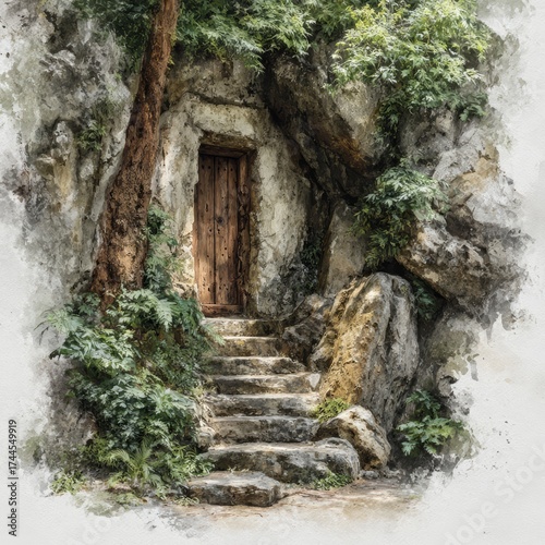 Small door is in a cave with a stone staircase leading up to it. The door is wooden