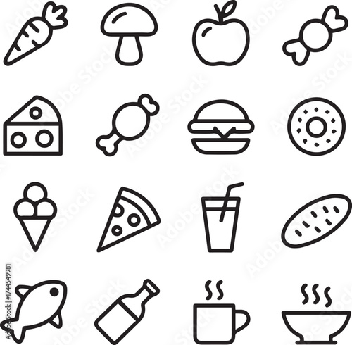 minimalist food and drink icon pack black white outline vectors for menu ui web app and print projects