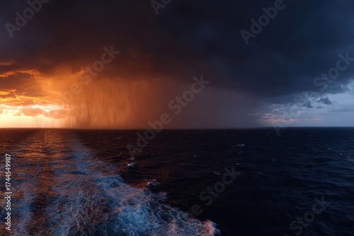 The ocean is dark and stormy with a rainbow in the sky. The water is choppy and the sky is filled with clouds