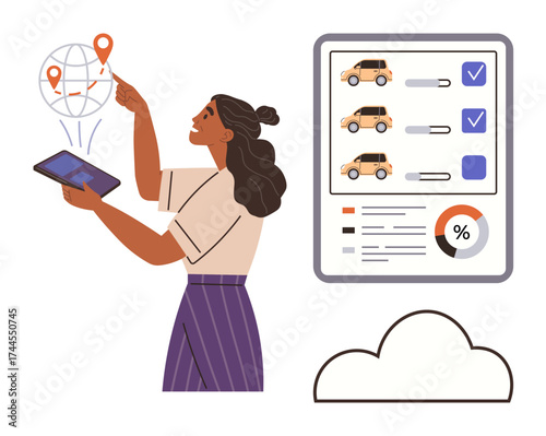 Businesswoman pointing at global map while holding tablet with car listing analytics on screen. Ideal for technology, logistics, e-commerce, GPS navigation, data analysis, fleet management, digital